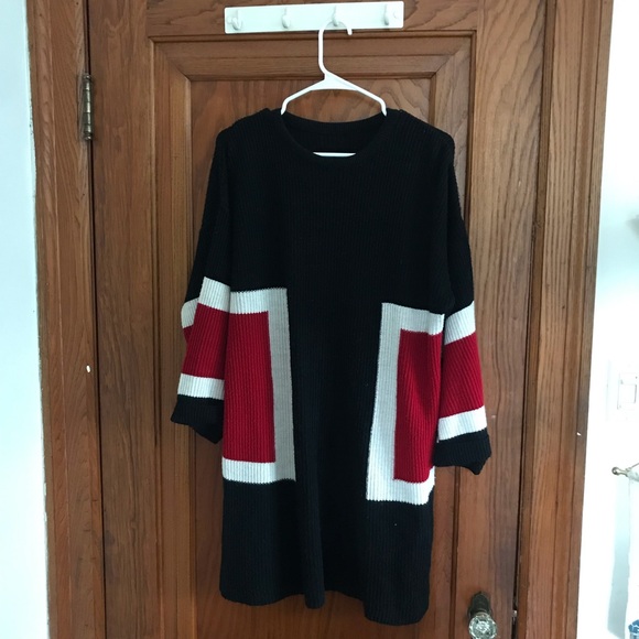 Black Red and White Long Sleeve Knit Mini Dress - Picture 1 of 6